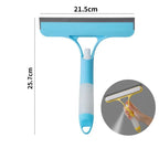 Multi-function window cleaning squeegee with spray bottle—blue and yellow design shown with dimensions and ergonomic grip for streak-free glass cleaning