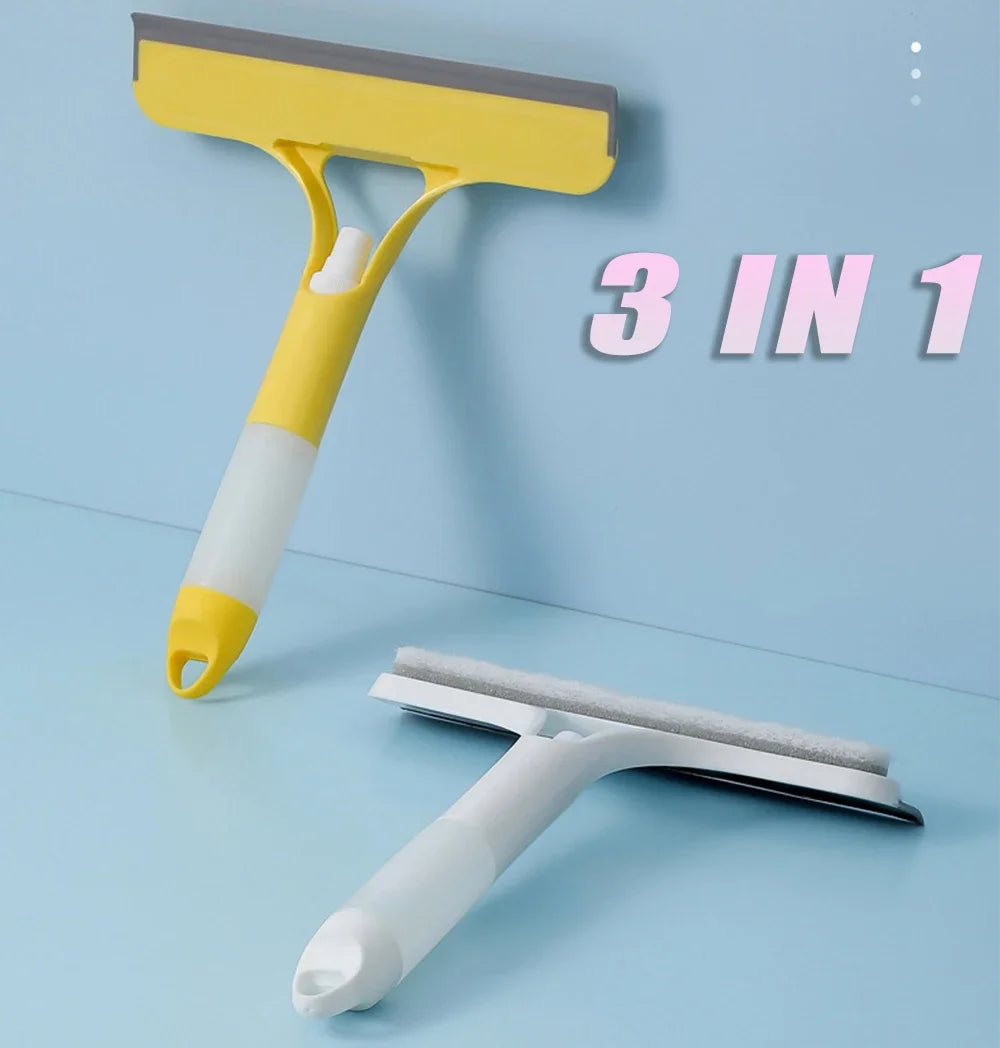 Yellow, gray, and white window squeegees with 3-in-1 functionality—shown against light blue background for versatile spray, scrub, and wipe cleaning