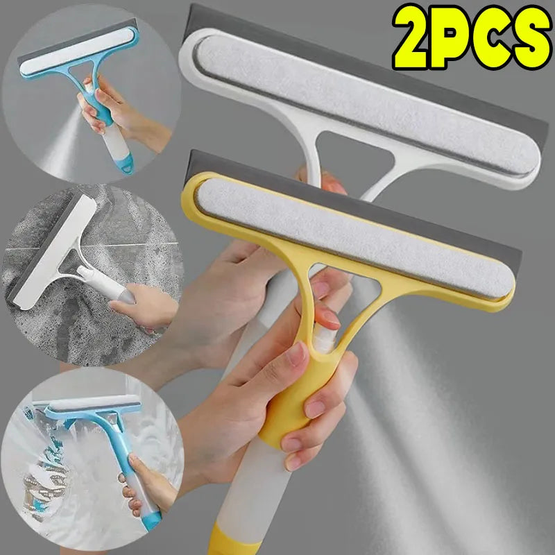 Set of two multi-function window squeegees with microfiber scrubber and rubber blade—ergonomic handles shown in use for streak-free surface cleaning
