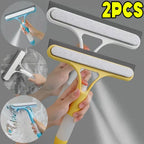 Set of two multi-function window squeegees with microfiber scrubber and rubber blade—ergonomic handles shown in use for streak-free surface cleaning