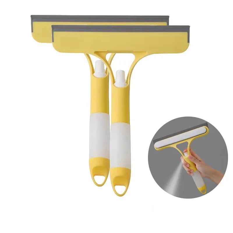 Two yellow window squeegees with ergonomic handles—includes inset showing yellow squeegee in use for streak-free glass and mirror cleaning