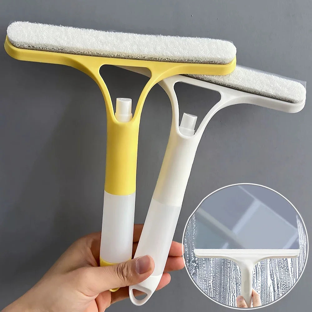 Two ergonomic window squeegees in yellow and white—shown held in hand with built-in spray nozzle and scrubbing pad for streak-free glass cleaning
