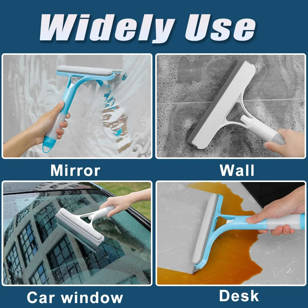 Window squeegee shown cleaning mirror, tiled wall, car window, and desk—versatile tool for streak-free results across household and automotive surfaces