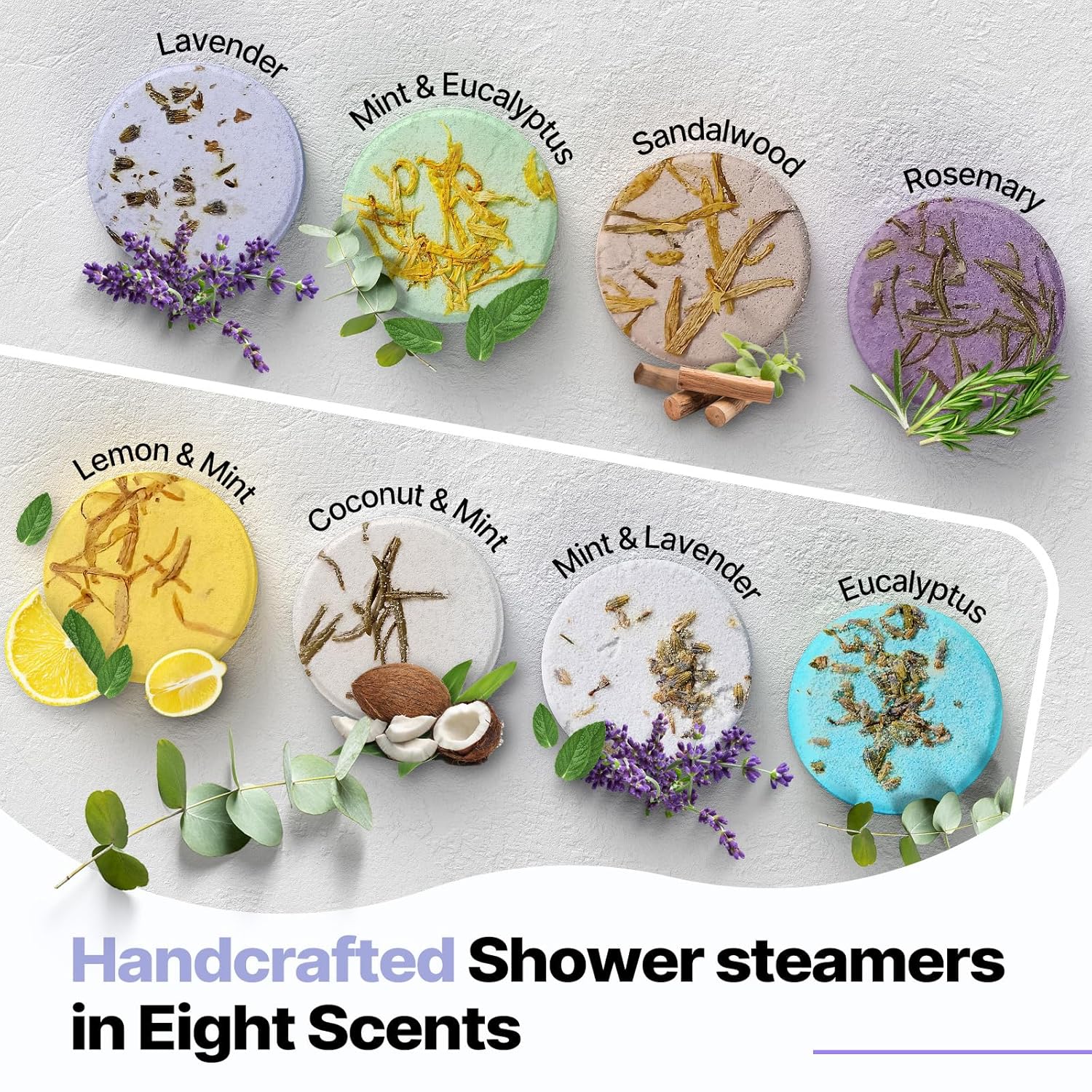 SWCANDY handcrafted shower steamers—8 round tablets with herbs and natural elements in lavender, mint, eucalyptus, sandalwood, lemon, coconut, and rose scents for spa-like aromatherapy