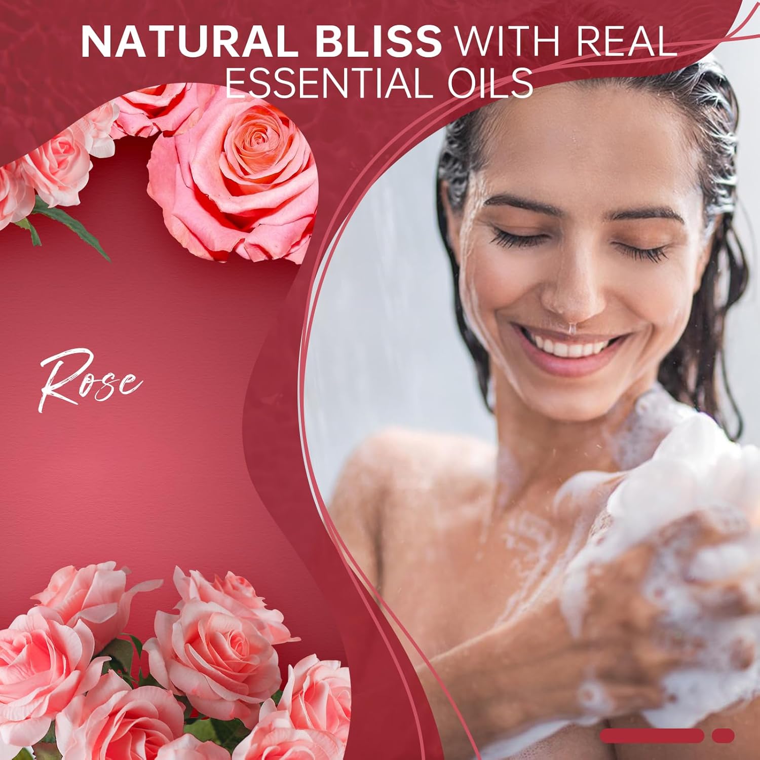SWCANDY Rose shower steamer ad featuring woman enjoying shower with pink roses—highlighting natural essential oils and luxurious aromatherapy experience