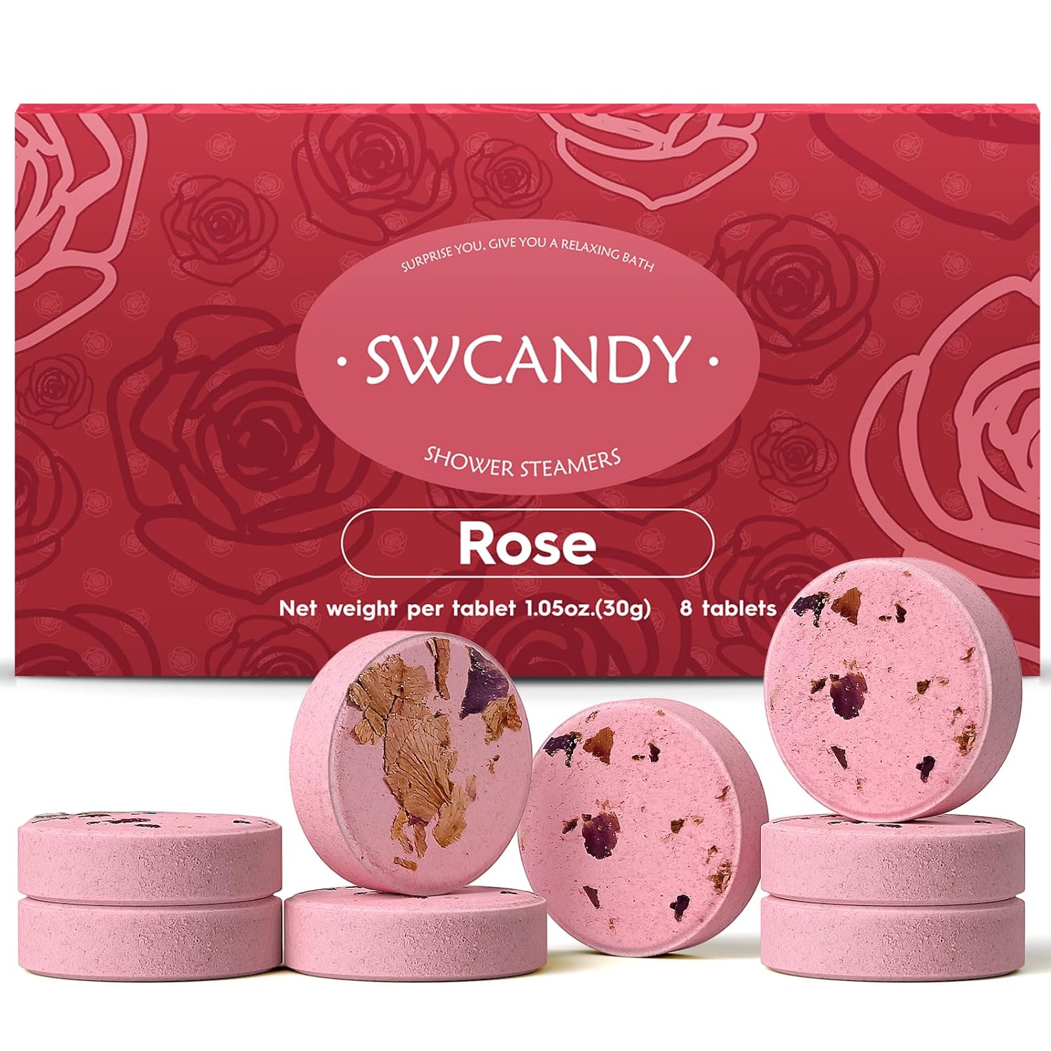 SWCANDY Rose shower steamers set—8 pink aromatherapy tablets with dried petals in red floral gift box, perfect for relaxation, birthdays, and spa gifting