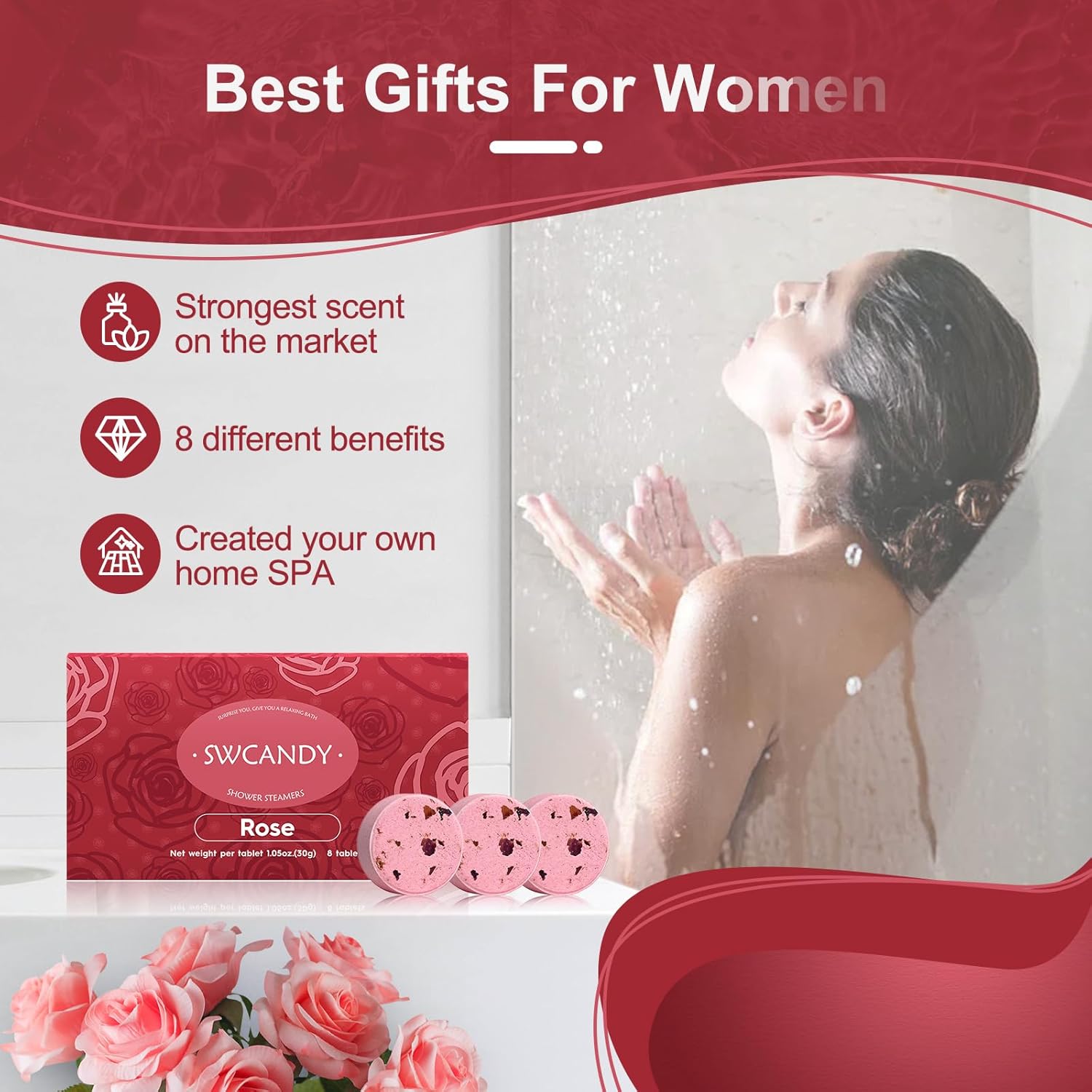 SWCANDY Rose shower steamer ad featuring woman in shower, pink steamers, and floral gift box—highlighting strongest scent, spa benefits, and perfect gift for women