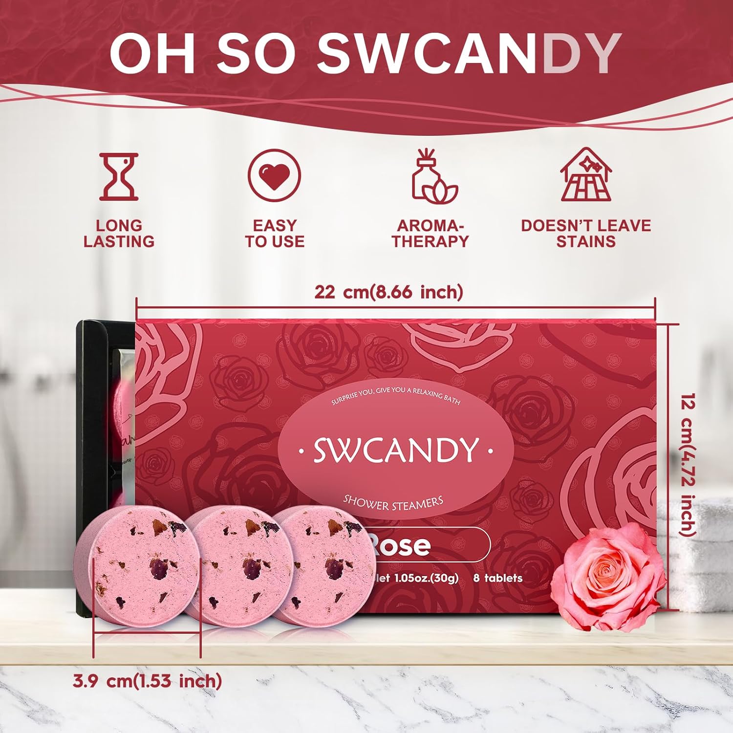 SWCANDY Rose shower steamers set—8 pink tablets with dried petals in red floral box, highlighting long-lasting scent, easy use, and no-stain aromatherapy benefits
