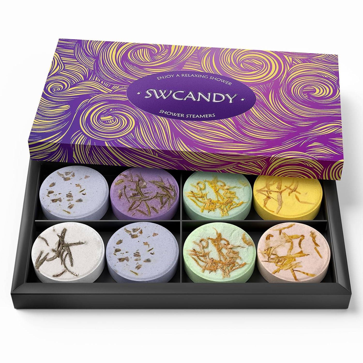 SWCANDY aromatherapy shower steamers—8 colorful essential oil tablets in purple and gold gift box, perfect for stress relief, holiday gifting, and spa-like shower experiences