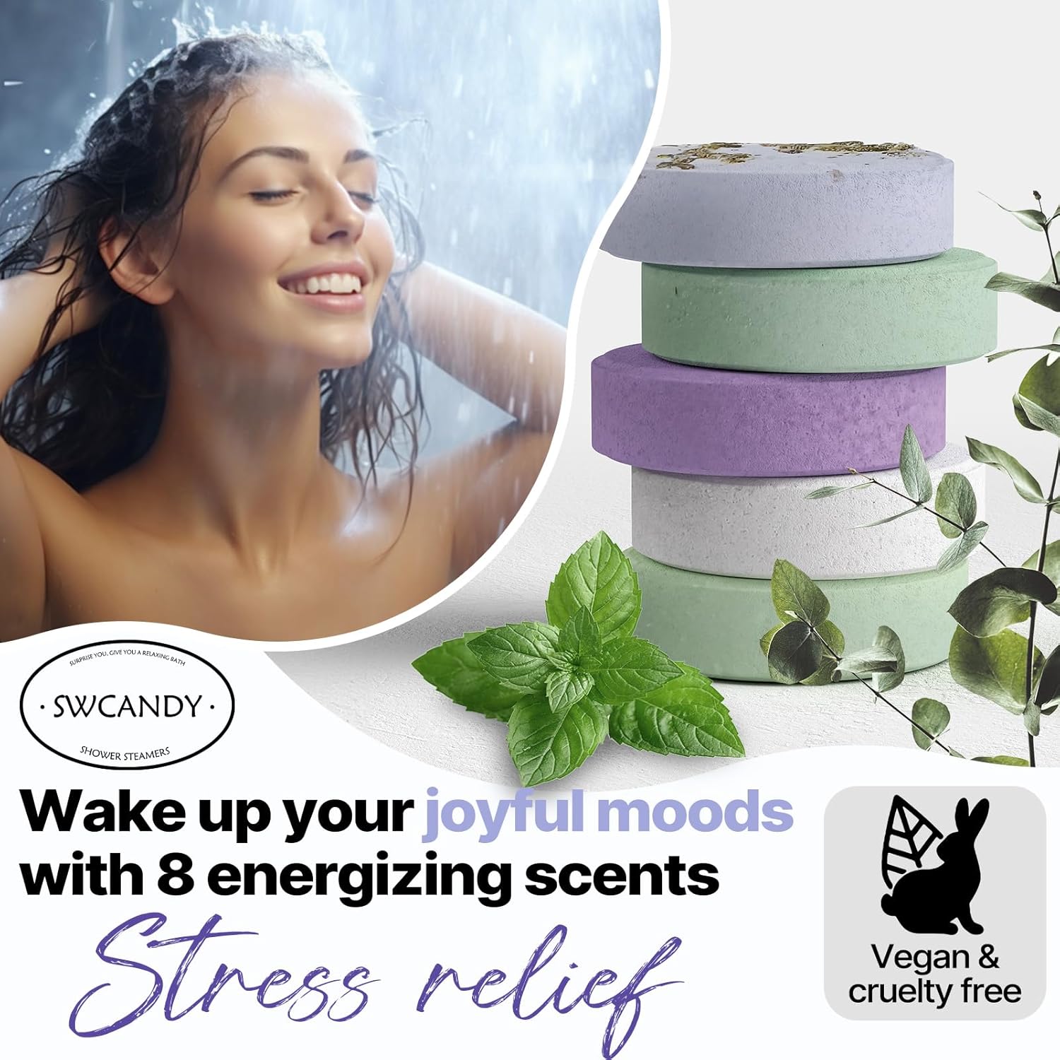 SWCANDY shower steamers ad featuring woman in shower and pastel tablets—highlighting energizing scents, stress relief, vegan and cruelty-free aromatherapy benefits