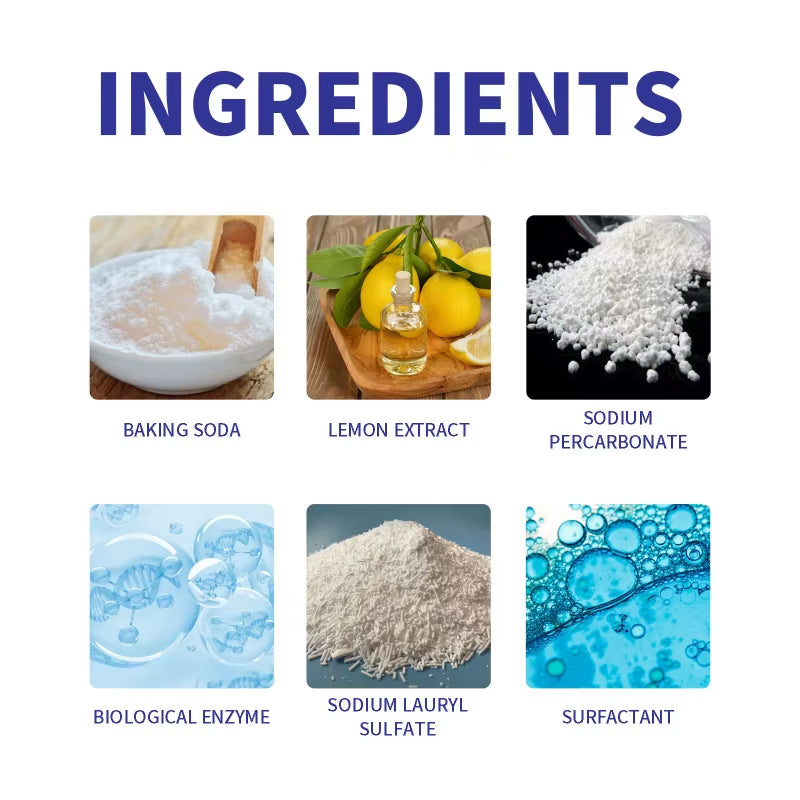 Visual breakdown of toilet foam cleaner ingredients including baking soda, lemon extract, sodium percarbonate, biological enzyme, sodium lauryl sulfate, and surfactant—highlighting natural and chemical components for effective cleaning.