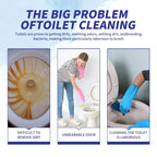 Graphic showing toilet cleaning challenges including stubborn stains, unbearable odor, and laborious scrubbing, with headline highlighting common bathroom hygiene problems and need for effective solutions.