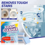 JAYSUING toilet foam cleaner advertisement showing before-and-after toilet bowl results, active cleaning illustration, and 12 blue and white tablets designed to remove stains, odors, and dirt.