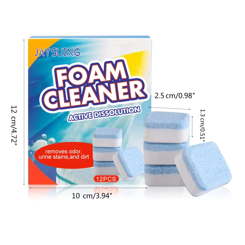 JAYSUING toilet foam cleaner pods package with 12 blue and white tablets, designed for removing urine stains, odors, and dirt, shown with product dimensions and cleaning benefits.