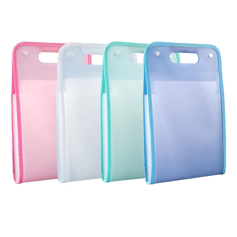 Set of four upright translucent A4 document folders with pink, white, green, and blue trim; each folder features a handle cutout and snap button closure, ideal for organizing school or office papers with style and portability.