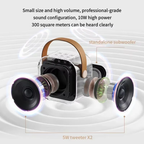 Transparent karaoke speaker with standalone subwoofer and dual 5W tweeters—compact design with 10W high power output for clear sound across 300 square meters