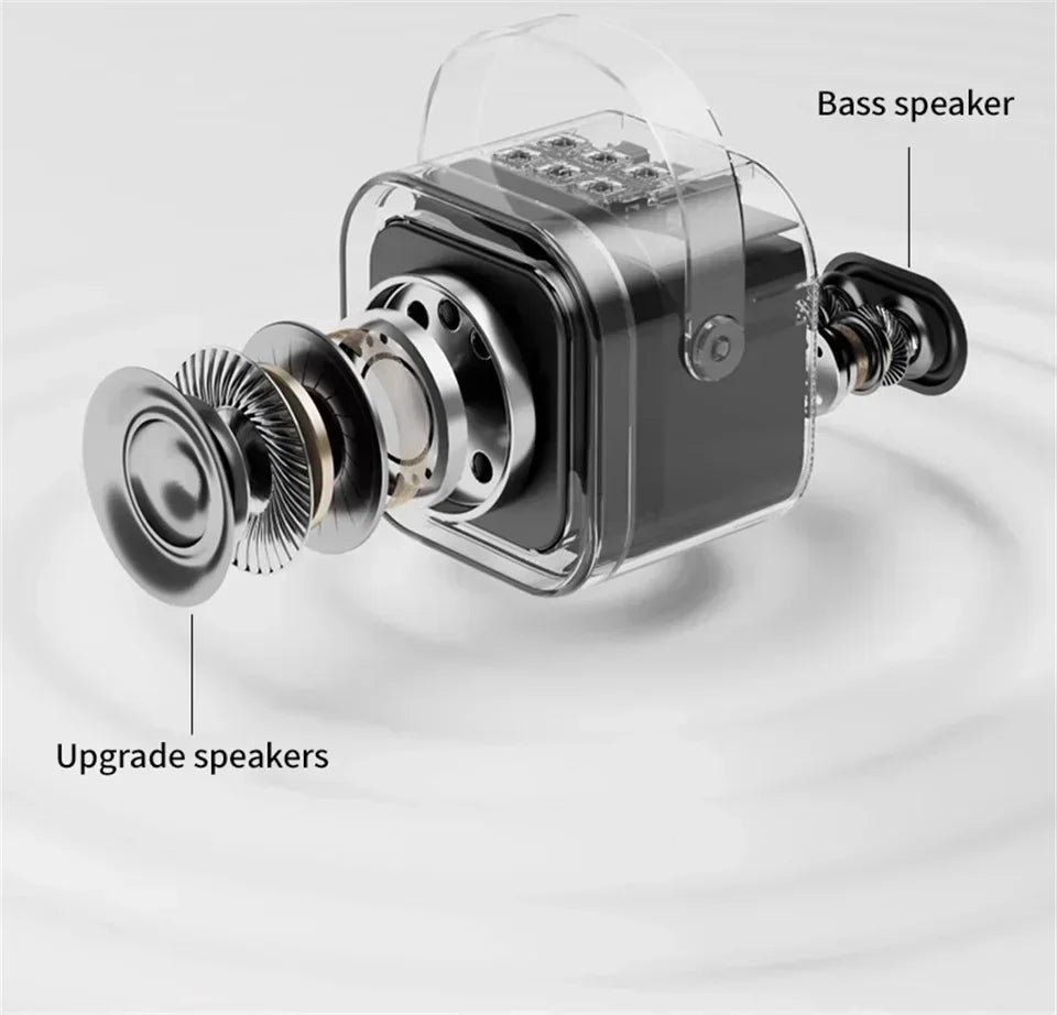 Transparent karaoke speaker showing internal upgrade speakers and bass driver—visual sound wave diagram highlights advanced audio engineering and compact design