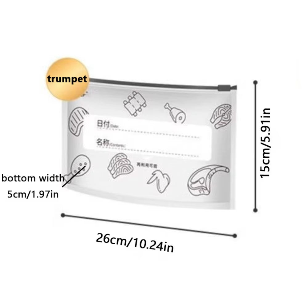 Transparent reusable food storage pouch with cartoon food illustrations and labeled sections for date and contents, shown with dimensions in centimeters and inches, ideal for eco-friendly kitchen organization.