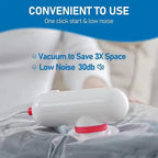 Close-up of USB electric vacuum pump for compression bags, featuring one-click operation, low noise 30db, and 3X space saving.