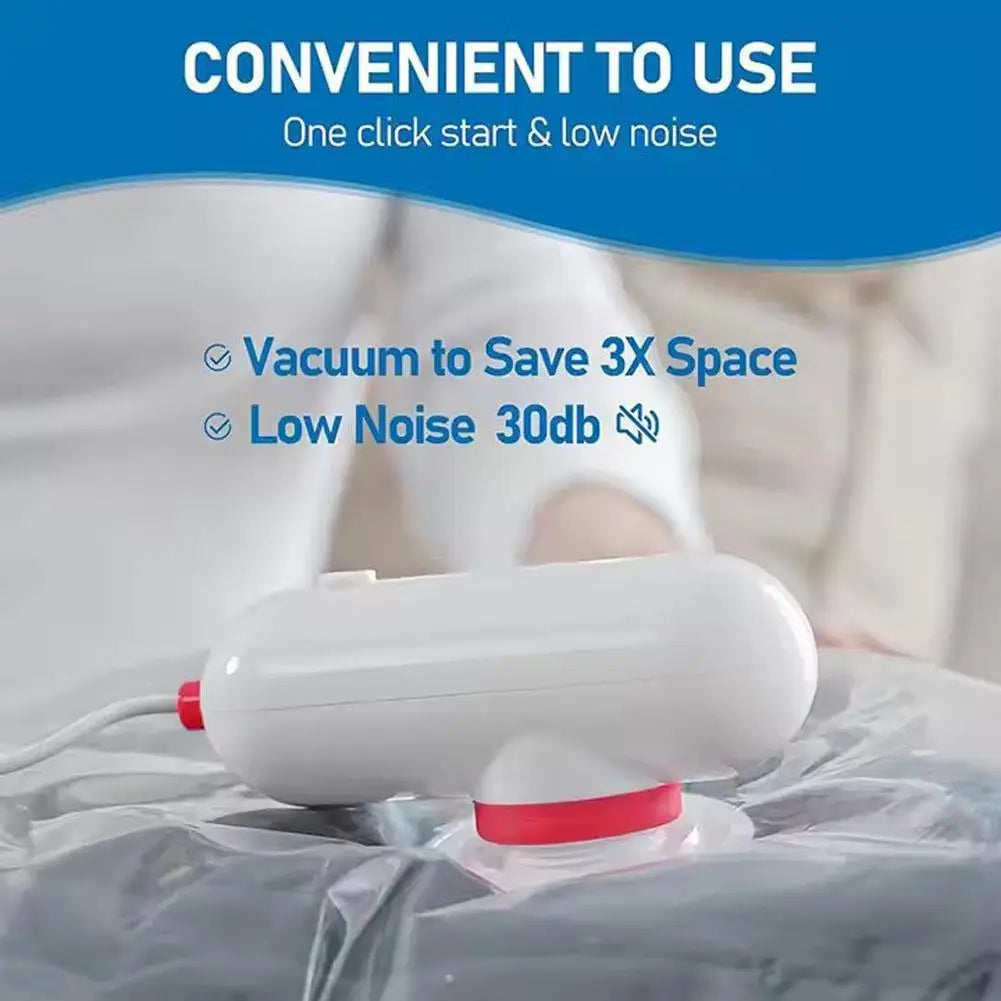 Close-up of USB electric vacuum pump for compression bags, featuring one-click operation, low noise 30db, and 3X space saving.