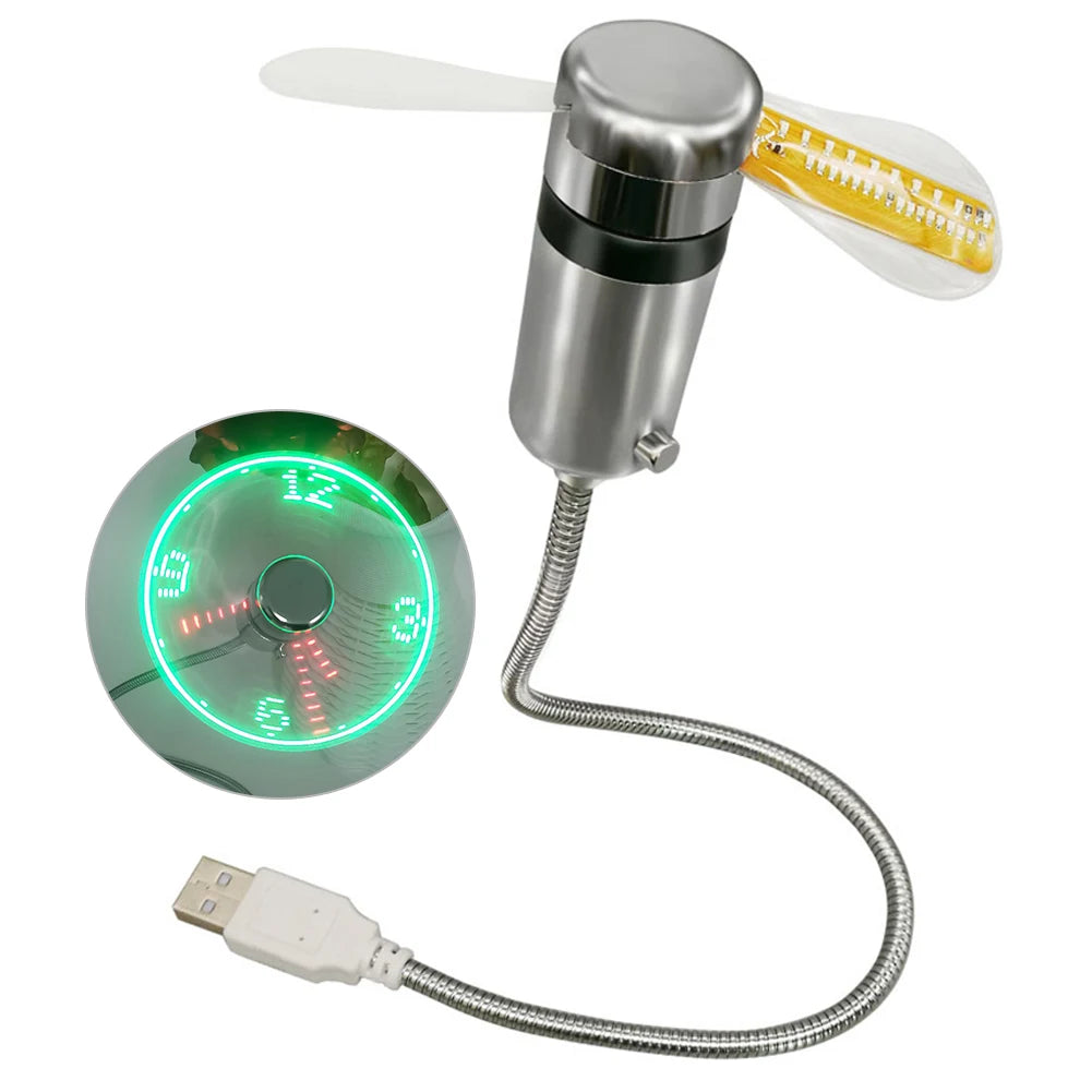 USB LED clock fan with flexible metal hose, portable mini cooling fan for laptops and PCs showing real-time clock display in green LED lights.