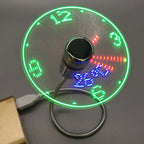 USB LED clock fan showing real-time digital clock display in green, red, and blue LED lights, flexible gooseneck design for laptops and PCs.