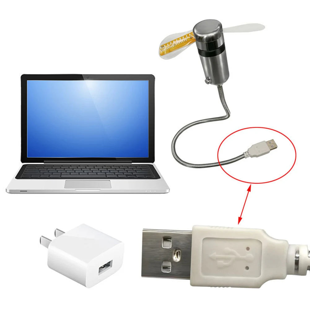 USB-powered mini fan with flexible metal neck connected to a laptop; red arrow highlights USB plug compatibility with both laptop ports and wall adapters, showcasing portable cooling convenience for travel or workspace use.