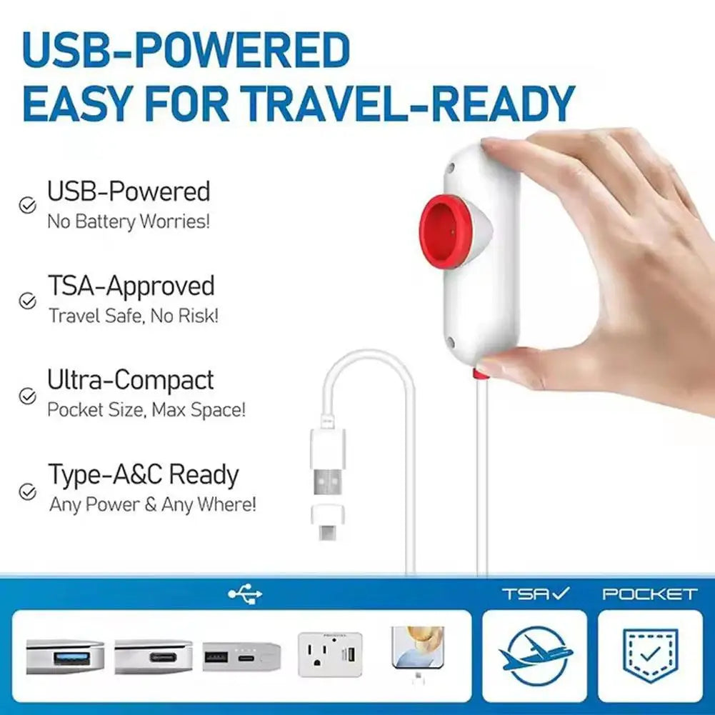 Promotional image of compact USB-powered travel device with red button, highlighting TSA approval, ultra-portable design, and compatibility with Type-A and Type-C ports; ideal for safe and efficient travel packing.