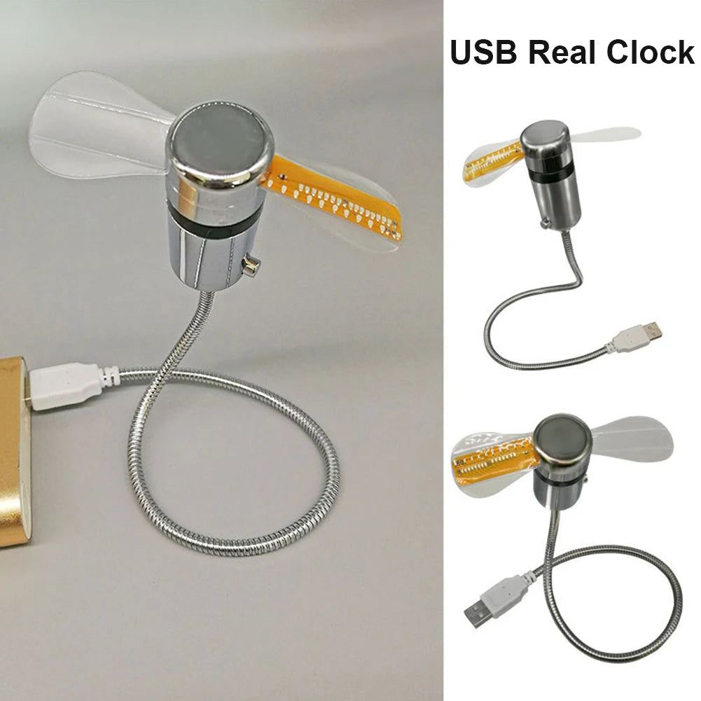 USB real clock fan with flexible metal gooseneck and soft blades, mini portable cooling fan powered by USB for laptop and PC use.
