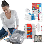 Woman using USB vacuum compression bags to pack clothing; includes 6–12 piece travel kit with small, medium, and large bags, compact USB power pump, and adapter; packaging highlights 80% space saving and carry-on compatibility.