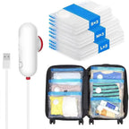 Vacuum storage bag set with USB-powered pump and 9 compression bags in small, medium, and large sizes; shown packed neatly in a suitcase to demonstrate space-saving and travel organization benefits.