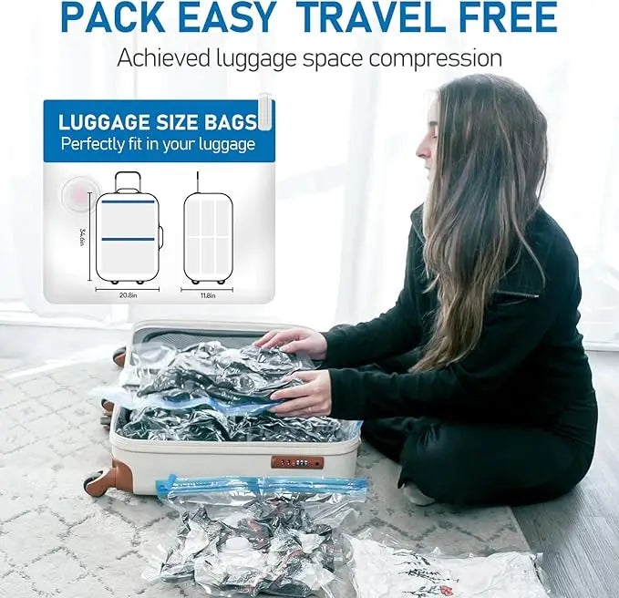 Woman using vacuum compression bags to save luggage space, showing perfectly fitting travel storage bags for organized packing.