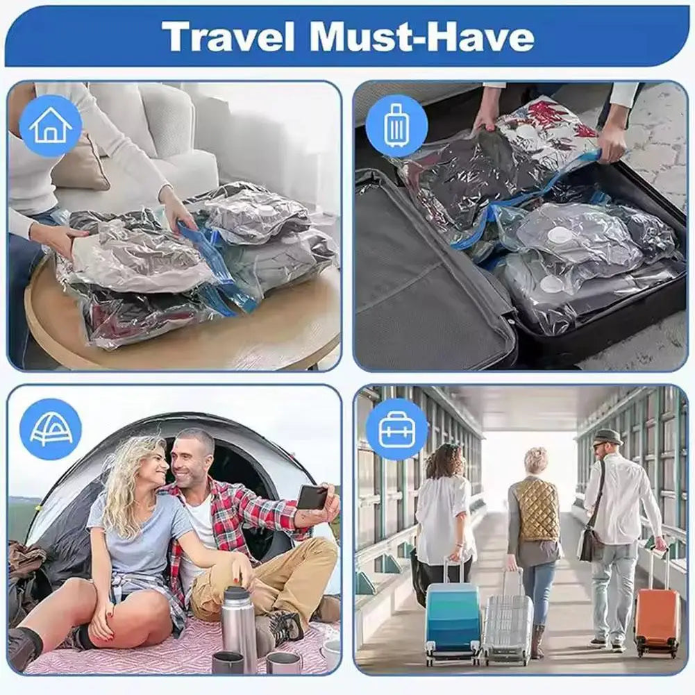 Travel must-have vacuum compression bags for clothes storage, shown in suitcase, home use, camping, and airport travel to save luggage space.