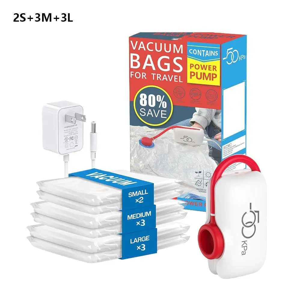 Set of USB electric vacuum storage bags with power pump, space saver for travel clothes and bedding, 8 pack assorted sizes.