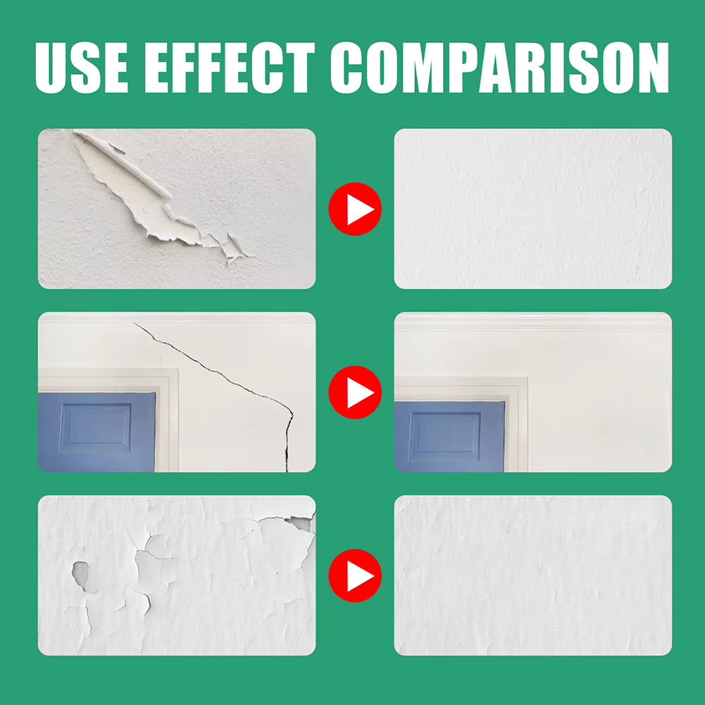 Before-and-after comparison of wall repair—shows peeling paint, cracks, and flaking surfaces restored to smooth finish using wall treatment solution