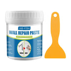 JUE-FISH wall repair paste with yellow scraper—quick fix solution for cracks, holes, and blemishes with before-and-after results shown on label