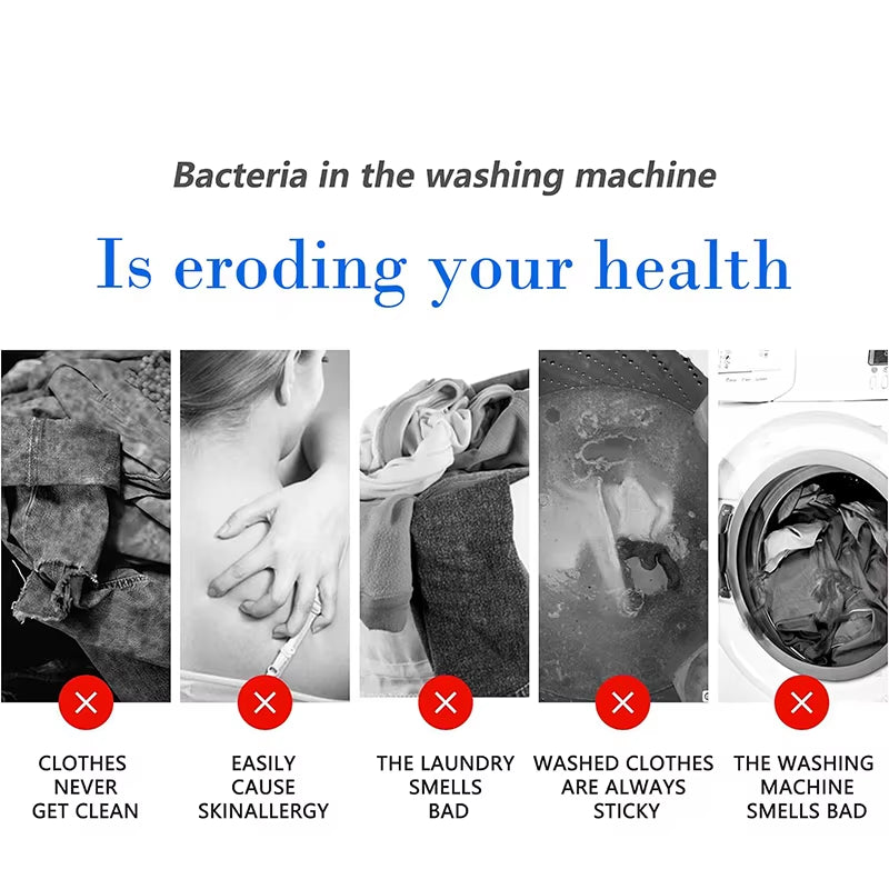 Bacteria in washing machine causing bad odors, dirty laundry, skin allergies, and health risks.