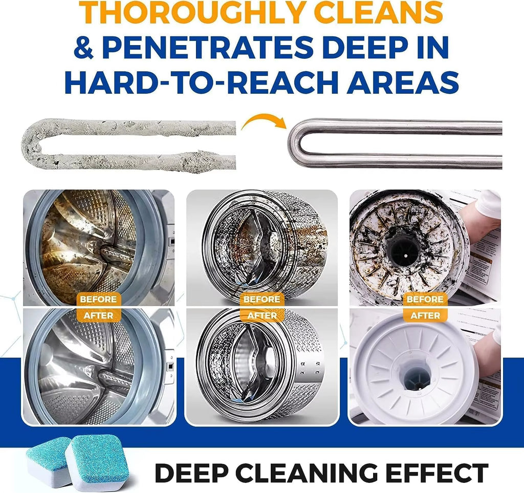 Before and after results showing washing machine cleaner removing dirt, limescale, and buildup.