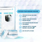 Before-and-after comparison of washing machine drum cleaned with tablets, showing grime removal and freshness; includes product benefits like odor elimination, performance boost, and compatibility with all machines.