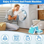 Woman enjoying fresh laundry with Washing Machine Cleaner Tablets for deep cleaning, odor removal, and limescale prevention.