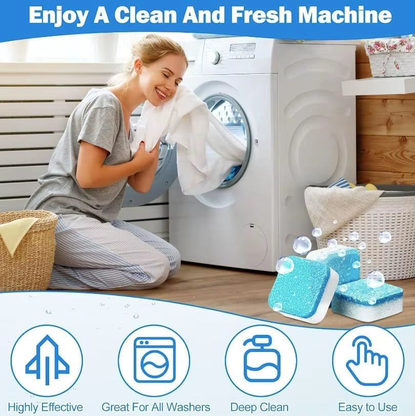 Woman enjoying fresh laundry with Washing Machine Cleaner Tablets for deep cleaning, odor removal, and limescale prevention.