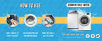 Step-by-step guide showing how to use washing machine cleaner tablets with visuals for tablet placement, cycle selection, and seal wipe-down; compatible with top-load, front-load, and HE washing machines.