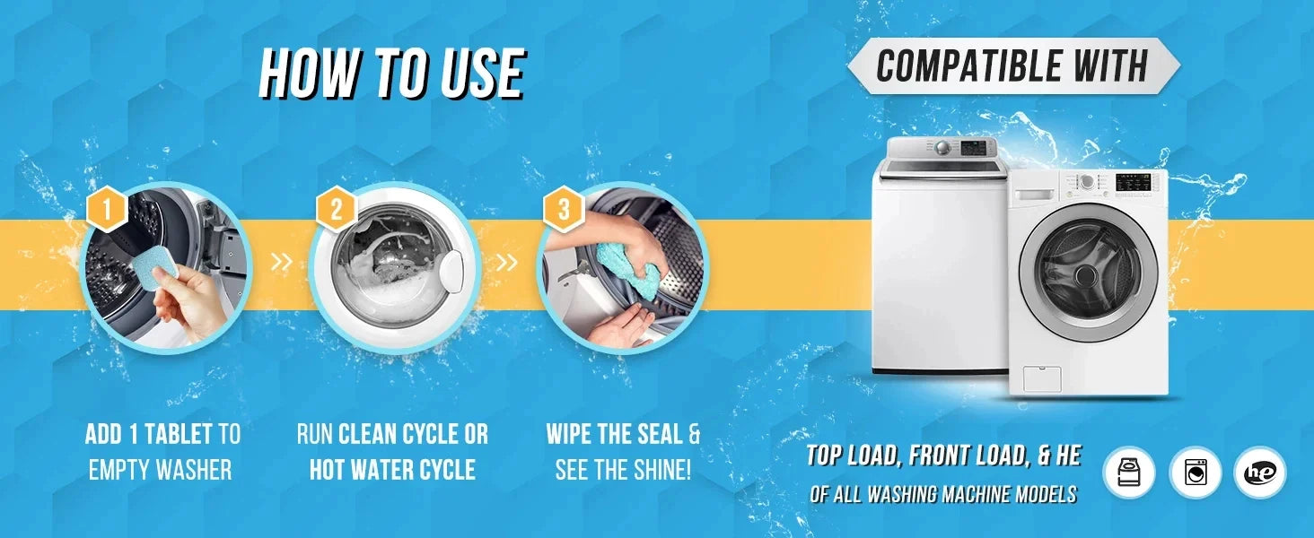 Step-by-step guide showing how to use washing machine cleaner tablets with visuals for tablet placement, cycle selection, and seal wipe-down; compatible with top-load, front-load, and HE washing machines.