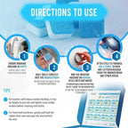 Instructional graphic showing four-step guide for using washing machine cleaner tablets, including tablet placement, cycle settings, and residue wipe-down; compatible with top-load, front-load, and HE models.