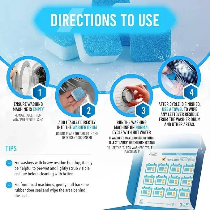 Instructional graphic showing four-step guide for using washing machine cleaner tablets, including tablet placement, cycle settings, and residue wipe-down; compatible with top-load, front-load, and HE models.