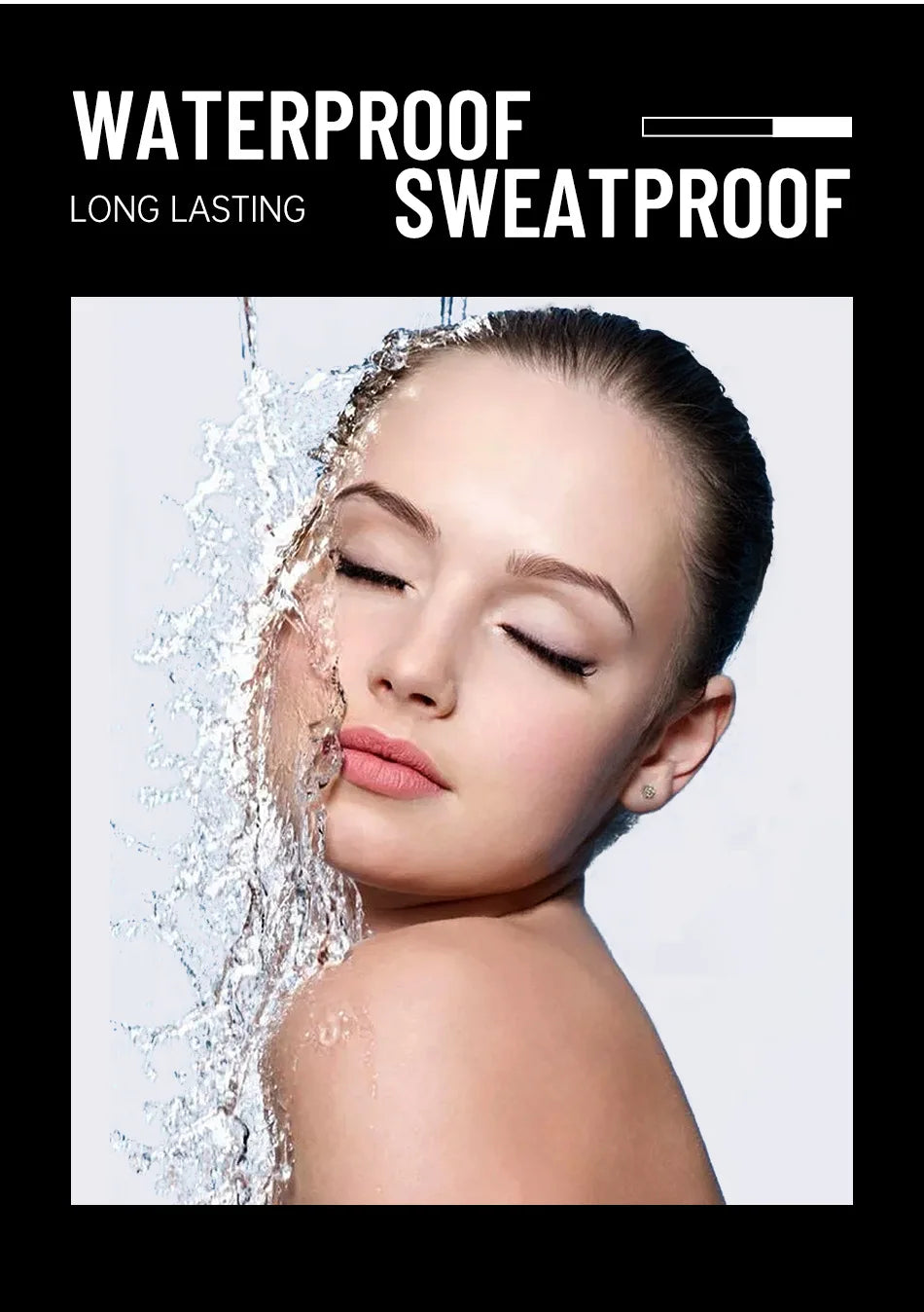 Close-up of serene face with water splash showing waterproof, sweatproof, and long-lasting skincare or makeup effect.