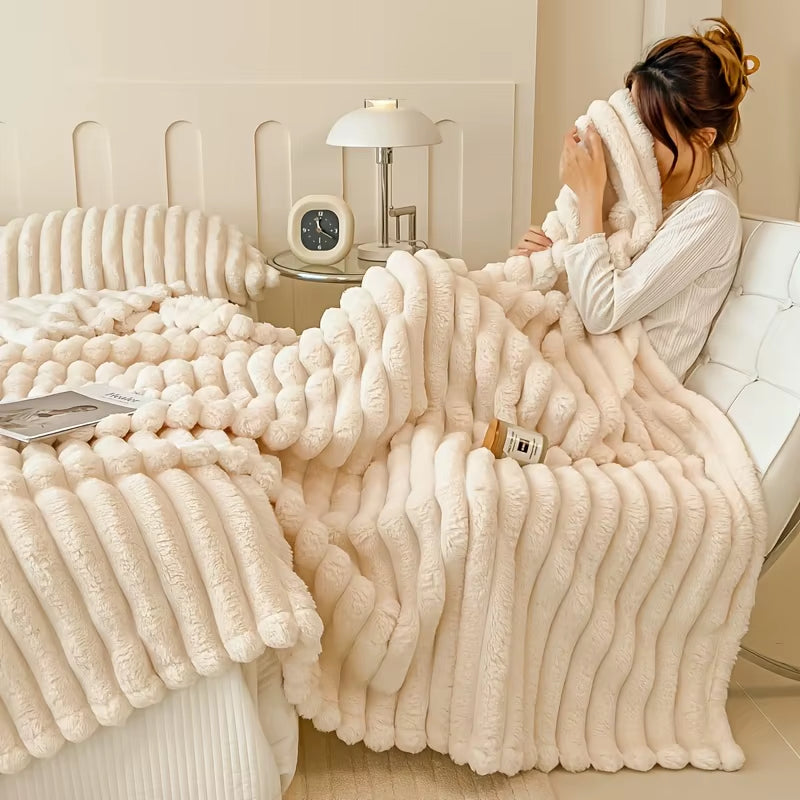Cream-colored ribbed plush blanket and pillow set on a cozy bed—featuring a woman wrapped in softness, a tea tray, and warm lighting for peaceful bedroom ambiance