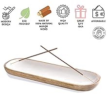 White incense holder with natural mango wood frame—burning sticks and icons highlighting eco-friendly, handmade, and gift-worthy design