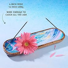 Wide incense holder with blue marble design—12x4 inch wood frame, pink flower, and dual incense sticks for clean ash catch and calming decor