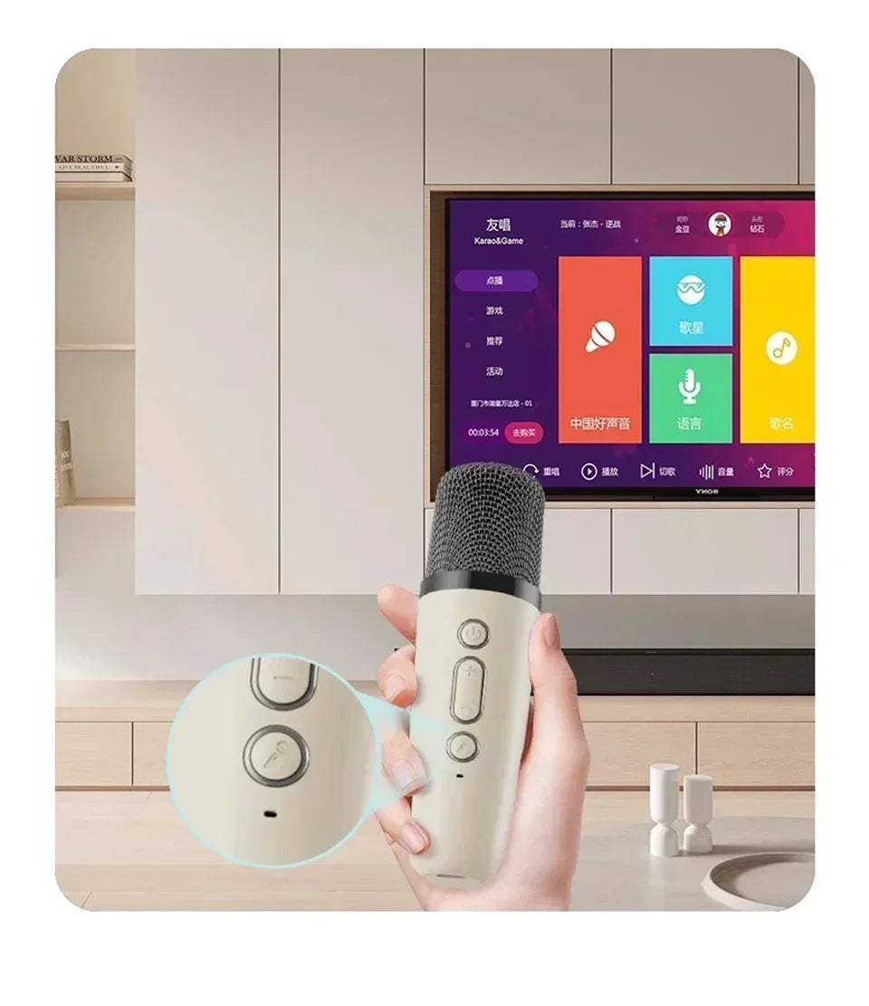 Wireless karaoke microphone with TV Bluetooth interface—home entertainment setup featuring power and volume controls for seamless singing experience